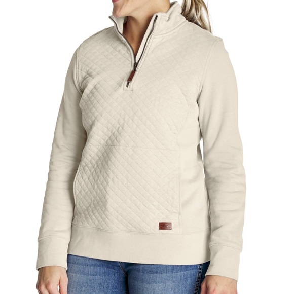 L.L. Bean Quilted Pullover Long Sleeve 1/4 Zip Cream Top Women’s Size Medium - Picture 14 of 16